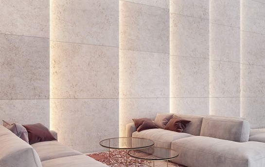 Wizualizacja wnętrza komercyjnego prezentująca ścianę z trawertynu żywicowanego z dodatkiem fluorescencyjnego pigmentu.