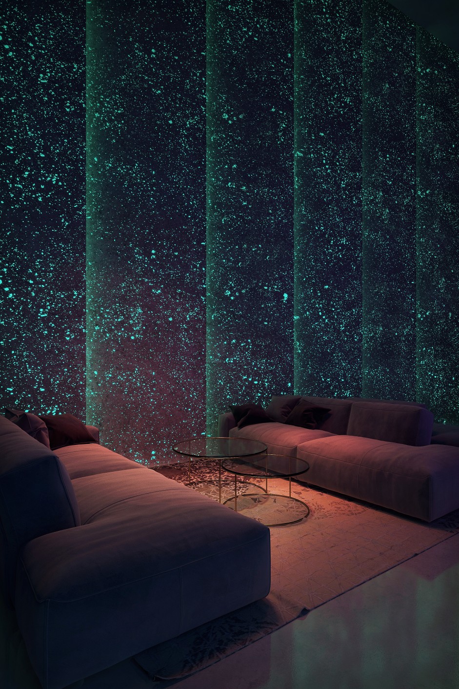 Wizualizacja wnętrza komercyjnego prezentująca ścianę z trawertynu żywicowanego z dodatkiem fluorescencyjnego pigmentu.