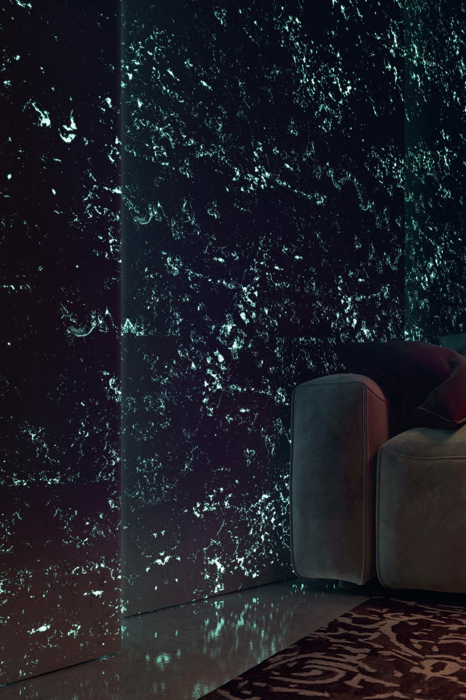 Wizualizacja wnętrza komercyjnego prezentująca ścianę z trawertynu żywicowanego z dodatkiem fluorescencyjnego pigmentu.