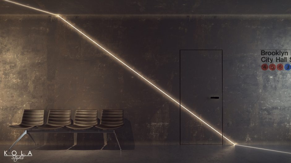 wizualizacja betonowej sciany na stacji metra z drzwiami bezramowymi i listwa swietlna