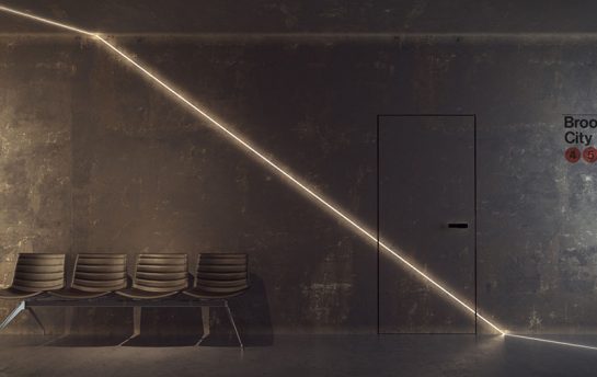 wizualizacja betonowej sciany na stacji metra z drzwiami bezramowymi i listwa swietlna