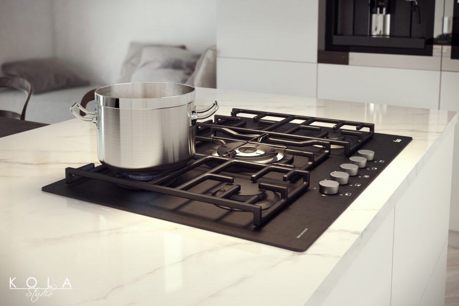 czarna gazowa płyta kuchenna teka na wyspie kuchennej wykończonej białym marmurowym blatem