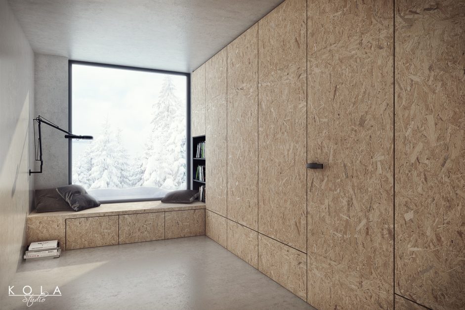 wizualizacja projektu wnętrza wielofunkcyjnego w stylu skandynawskim będącego holem lub pokojem przejściowym z wydzielonym miejscem pod oknem do czytania