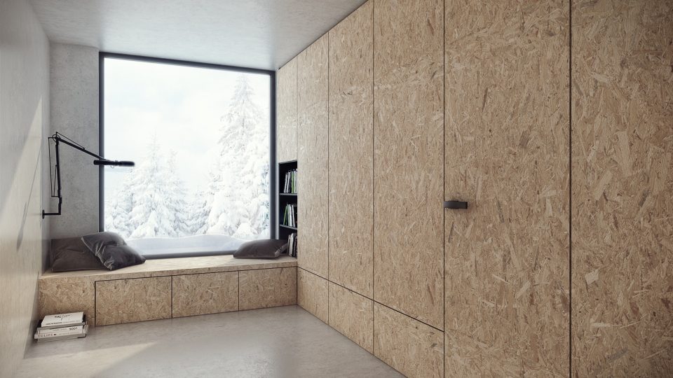 wizualizacja projektu wnętrza wielofunkcyjnego w stylu skandynawskim będącego holem lub pokojem przejściowym z wydzielonym miejscem pod oknem do czytania