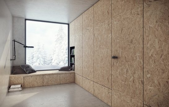 wizualizacja projektu wnętrza wielofunkcyjnego w stylu skandynawskim będącego holem lub pokojem przejściowym z wydzielonym miejscem pod oknem do czytania