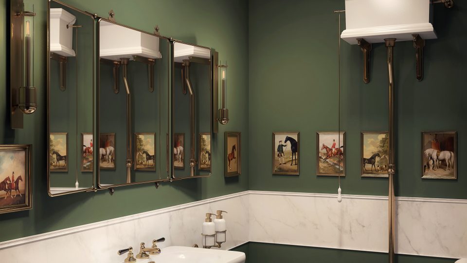 Wizualizacja klasycznej malej lazienki z ciemnozielonymi scianami zlotym sufitem i marmurowymi plytkami