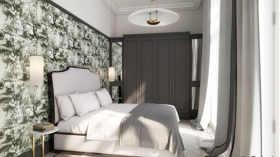 wizualizacja stylowej klasycznej sypialni w kamienicy w stonowanych barwach