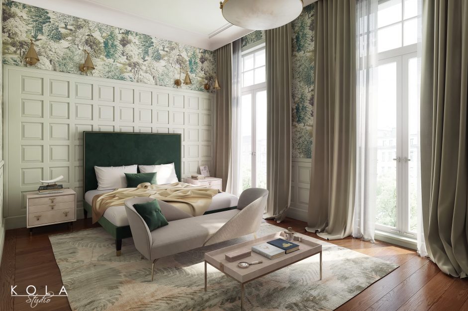 wizualizacja stylowej sypialni w kamienicy w stylu nowoczesnej klasyki w odcieniach stonowanej zieleni