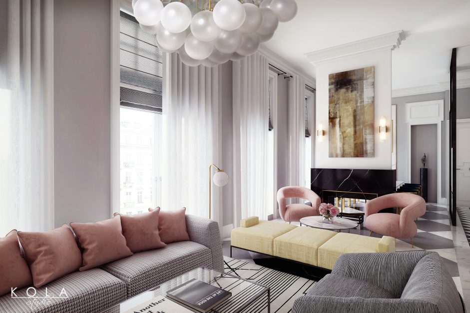 wizualizacja salonu zaprojektowanego w stylu nowoczesnej klasyki z marmurowym kominkiem i designerskimi meblami