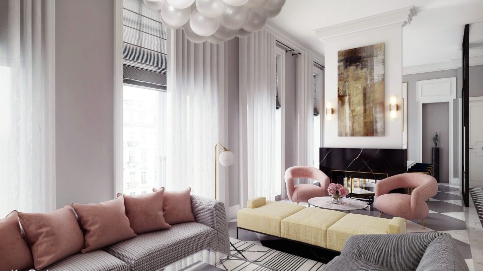 wizualizacja salonu zaprojektowanego w stylu nowoczesnej klasyki z marmurowym kominkiem i designerskimi meblami