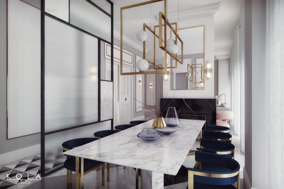wizualizacja jadalni w luksusowym apartamencie zaprojektowanym w stylu nowojorskim