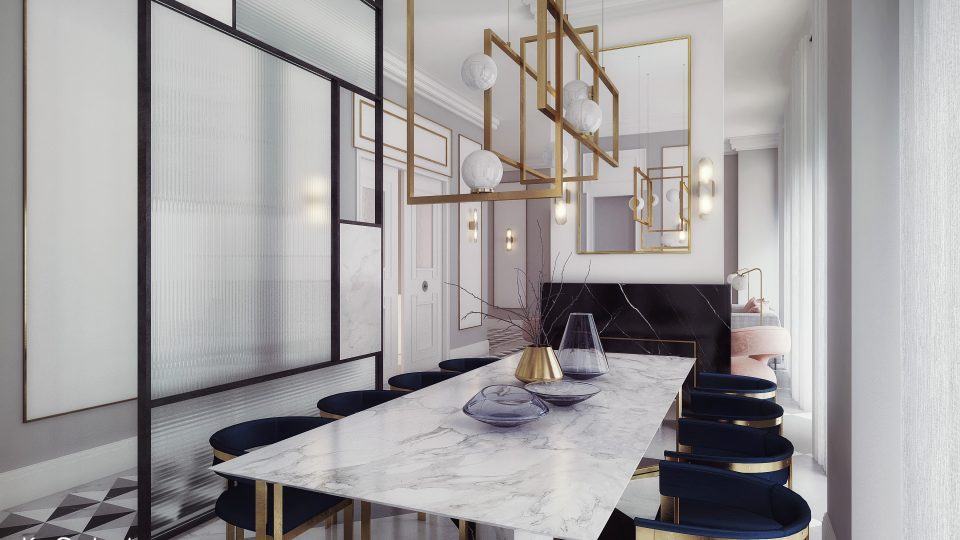 wizualizacja jadalni w luksusowym apartamencie zaprojektowanym w stylu nowojorskim