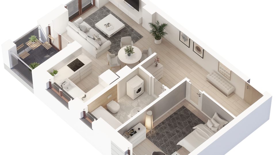 fotorealistyczny rzut 3d nowego mieszkania z aranżacją w nowoczesnym stylu skandynawskim 11