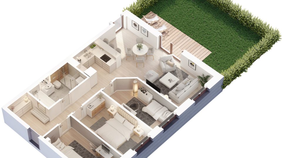 fotorealistyczny rzut 3d nowego mieszkania z aranżacją w nowoczesnym stylu skandynawskim 1