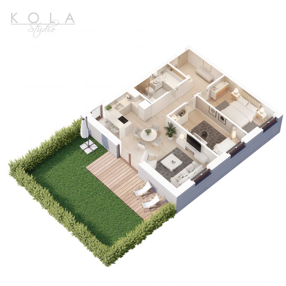 fotorealistyczny rzut 3d nowego mieszkania z aranżacją w nowoczesnym stylu skandynawskim 2