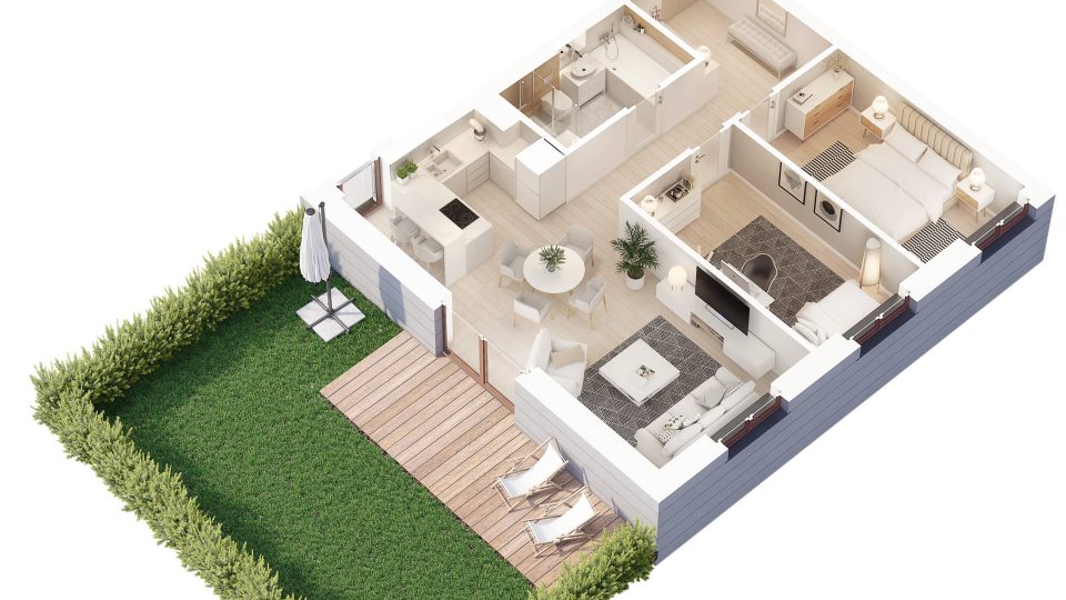 fotorealistyczny rzut 3d nowego mieszkania z aranżacją w nowoczesnym stylu skandynawskim 2