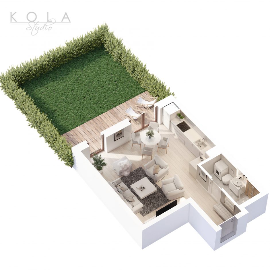 fotorealistyczny rzut 3d nowego mieszkania z aranżacją w nowoczesnym stylu skandynawskim 4