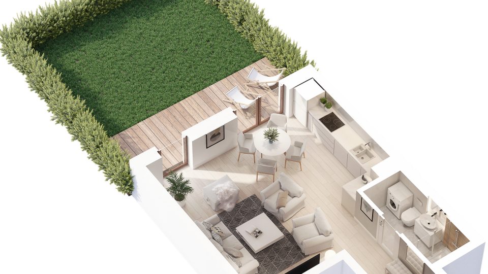 fotorealistyczny rzut 3d nowego mieszkania z aranżacją w nowoczesnym stylu skandynawskim 4