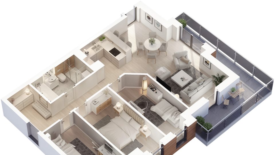 fotorealistyczny rzut 3d nowego mieszkania z aranżacją w nowoczesnym stylu skandynawskim 6