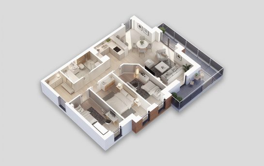 fotorealistyczny rzut 3d nowego mieszkania z aranżacją w nowoczesnym stylu skandynawskim