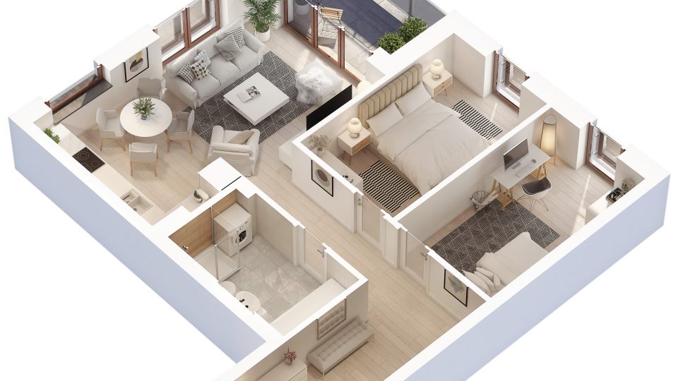 fotorealistyczny rzut 3d nowego mieszkania z aranżacją w nowoczesnym stylu skandynawskim 8