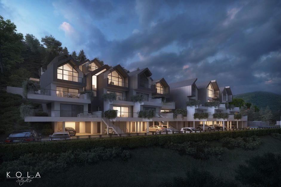 Wizualizacja wieczorna hotelu zaprojektowanego w stylu inspirowanym tradycyjnym zakopiańskim stylem