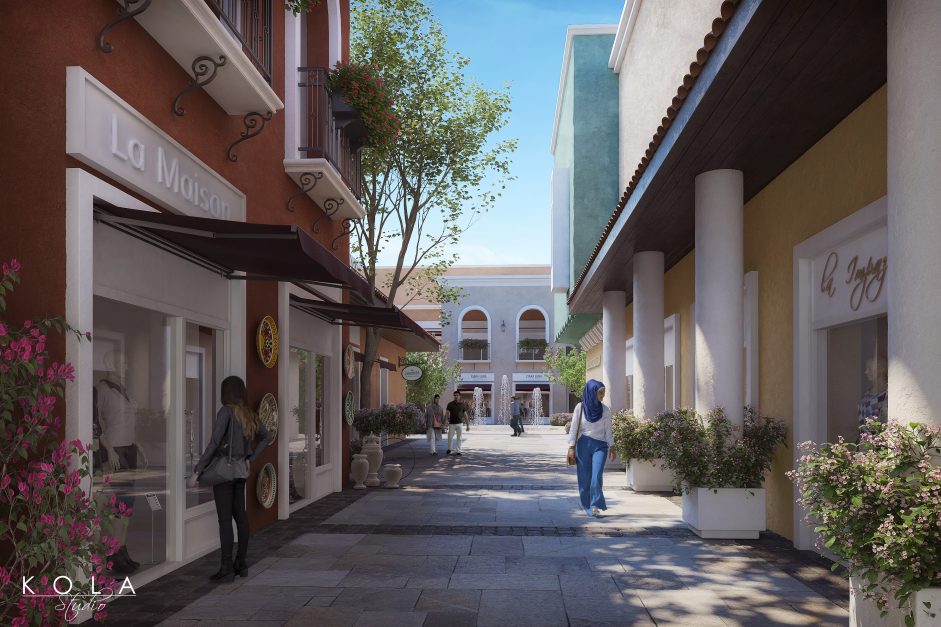 wizualizacja 3d jednej z uliczek w kompleksie rozrywkowo-handlowym w Jordanii