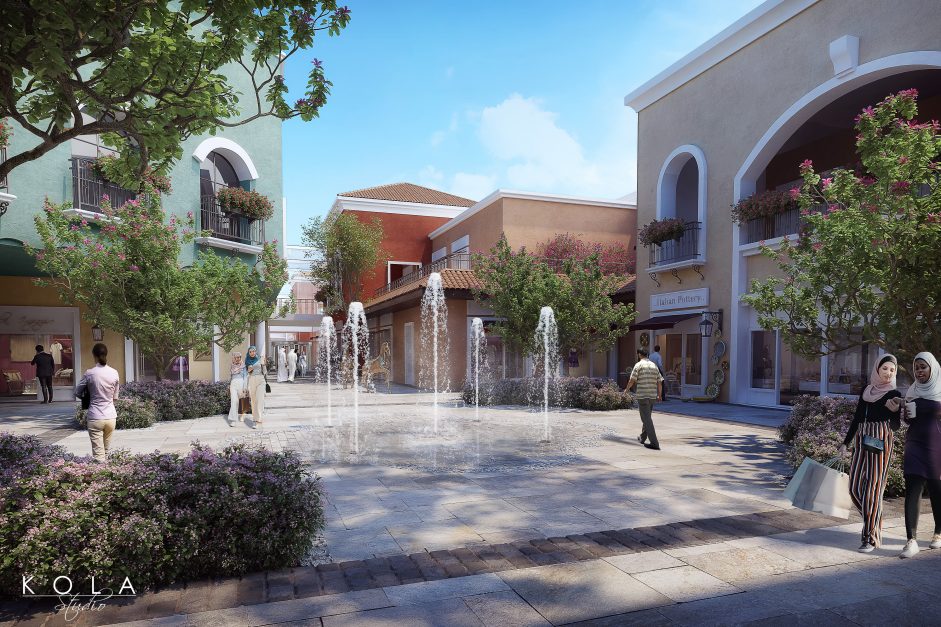 wizualizacja zewnętrznego dziedzińca w centrum usługowo rozrywkowym na bliskim wschodzie