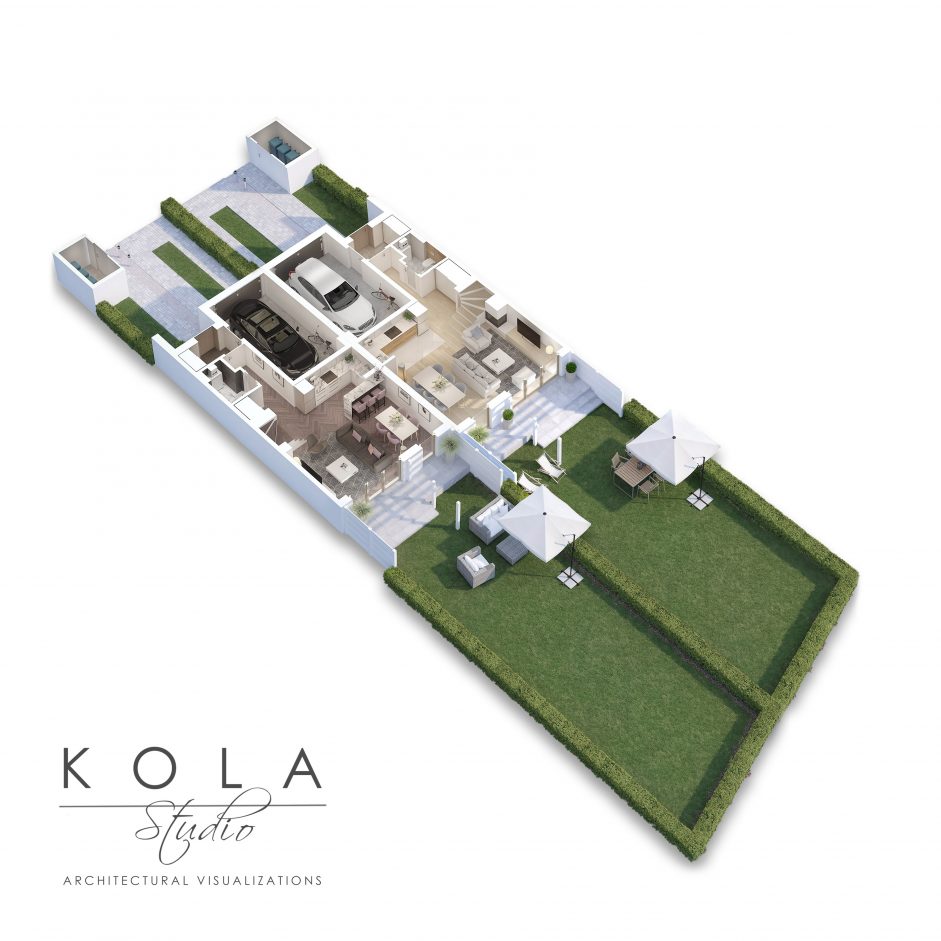 realistyczna wizualizacja rzutu 3d parteru piętrowego domu w zabudowie bliźniaczej