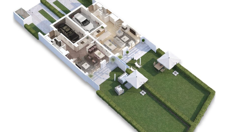 realistyczna wizualizacja rzutu 3d parteru piętrowego domu w zabudowie bliźniaczej