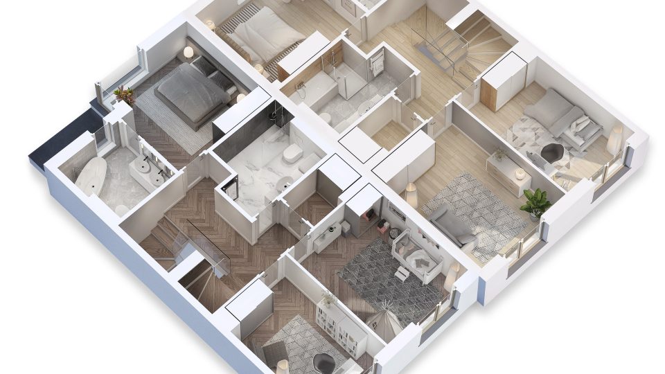 realistyczna wizualizacja rzutu 3d pierwszego piętra domu w zabudowie bliźniaczej