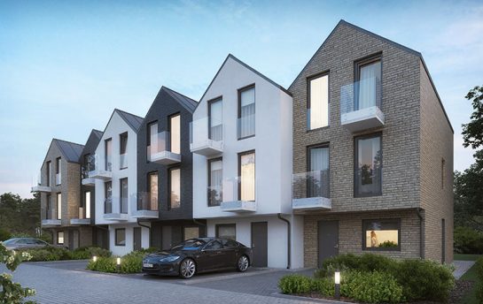 Wizualizacja nowoczesnej architektury mieszkaniowej w zabudowie szeregowej, zaprojektowanej w stylu holenderskim, w widoku wieczornym, od strony frontowej.