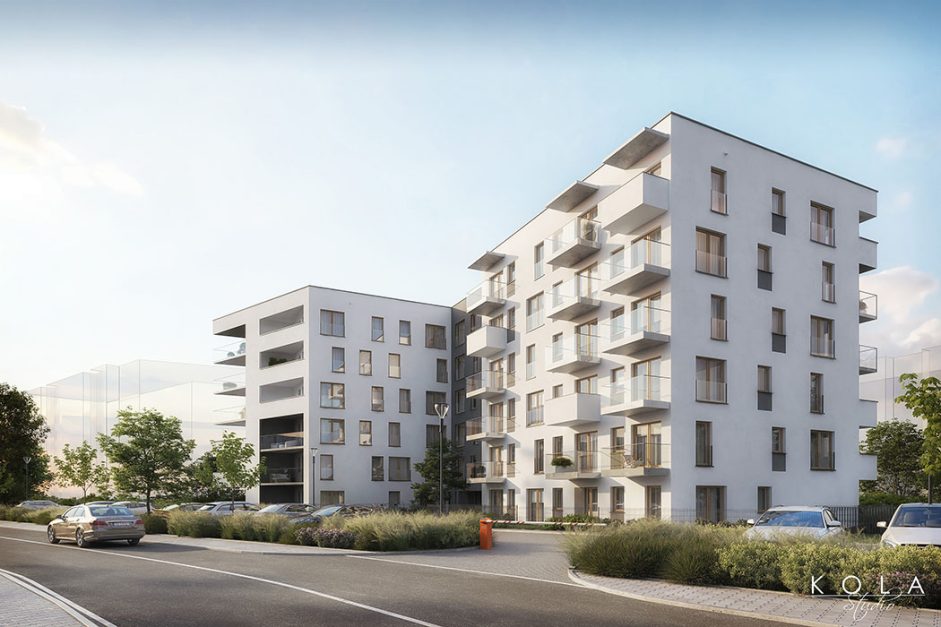 Wizualizacja 3d osiedla mieszkaniowego wielorodzinnego w wysokiej zabudowie, promująca nową inwestycję budowlaną w mieście