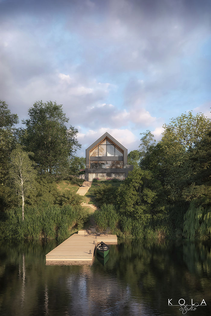Fotorealistyczna wizualizacja 3d nowoczesnej willi typu nowoczesna stodoła, położonej nad jeziorem