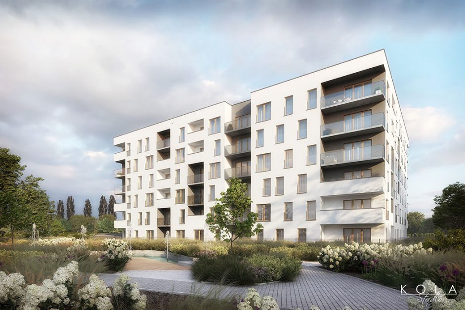Fotorealistyczna wizualizacja nowoczesnej wielorodzinnej architektury mieszkaniowej w wysokiej zabudowie, w przyjaznym zielonym otoczeniu