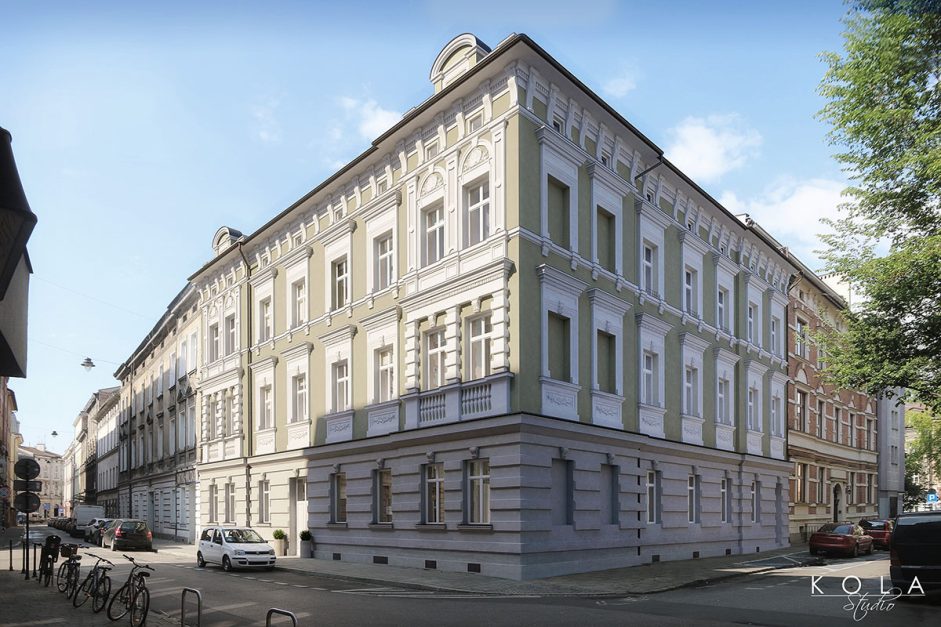 Fotorealistyczna wizualizacja 3d planu rewitalizacji starej zabytkowej kamienicy w centrum miasta, w widoku od strony ulicy.