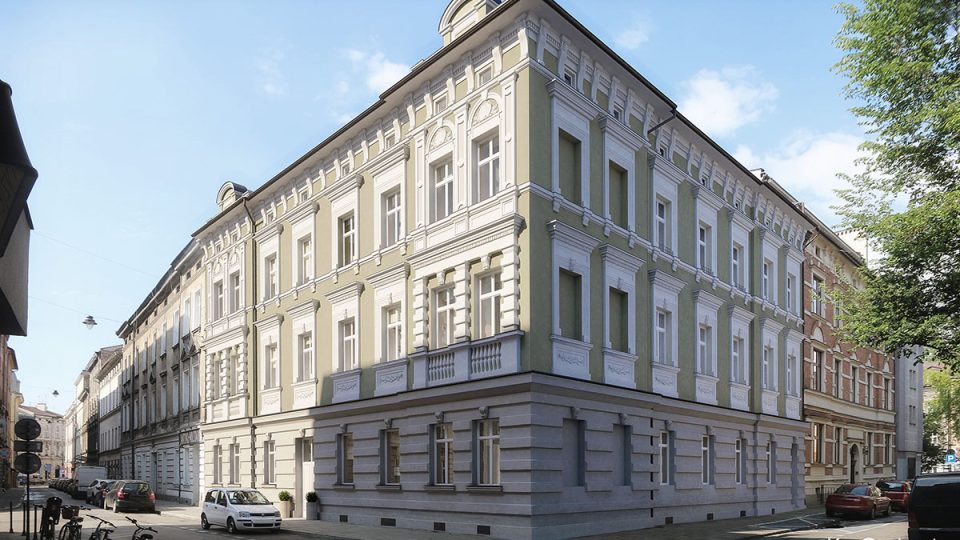 Fotorealistyczna wizualizacja 3d planu rewitalizacji starej zabytkowej kamienicy w centrum miasta, w widoku od strony ulicy.
