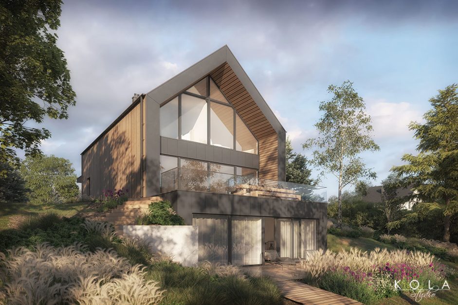 Fotorealistyczna wizualizacja 3d projektu nowoczesnej willi typu nowoczesna stodoła, położonej nad jeziorem