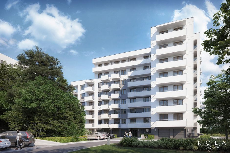 Wizualizacja architektoniczna wysokiej zabudowy wielorodzinnej promująca nową inwestycję mieszkaniową