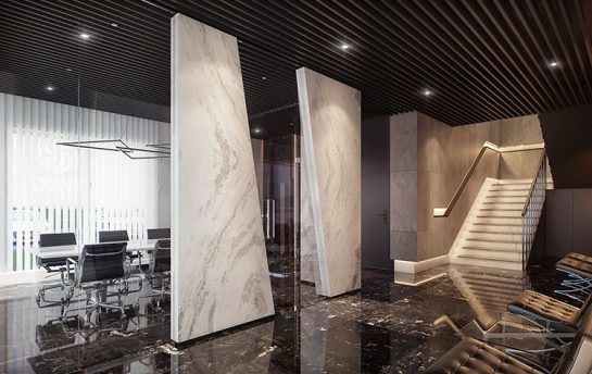 Wizualizacja projektu wnętrz przestrzeni biurowej wykończonej marmurem i szkłem