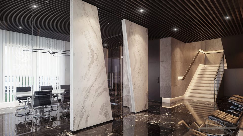 Wizualizacja projektu wnętrz przestrzeni biurowej wykończonej marmurem i szkłem