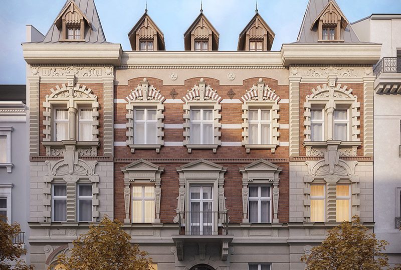 Fotorealistyczna wizualizacja zabytkowej kamienicy w centrum miasta, po planowanej rewitalizacji, pokazanej od strony frontowej.