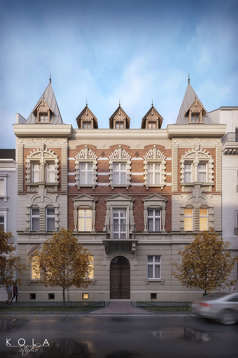 Fotorealistyczna wizualizacja zabytkowej kamienicy w centrum miasta, po planowanej rewitalizacji, pokazanej od strony frontowej.