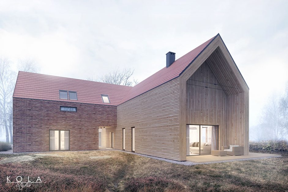Wizualizacja architektoniczna minimalistycznego domu nowoczesna stodoła, o prostej bryłowej formie, wykończonego cegłą i drewnem, pokazanego w klimatycznym jesiennym otoczeniu