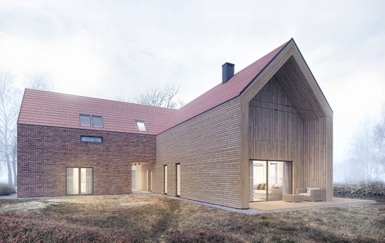 Wizualizacja architektoniczna minimalistycznego domu nowoczesna stodoła, o prostej bryłowej formie, wykończonego cegłą i drewnem, pokazanego w klimatycznym jesiennym otoczeniu