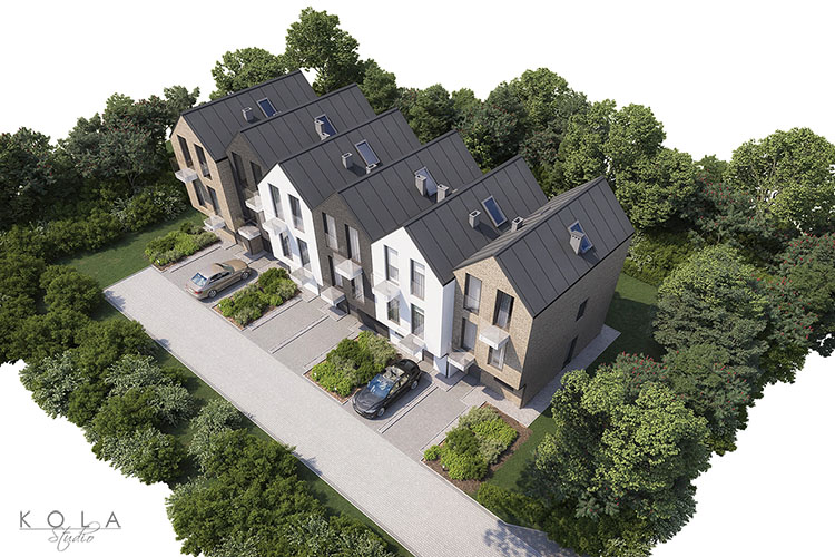Wizualizacja nowoczesnej architektury mieszkaniowej wielorodzinnej szeregowej, zaprojektowanej w stylu holenderskim, w widoku z góry.