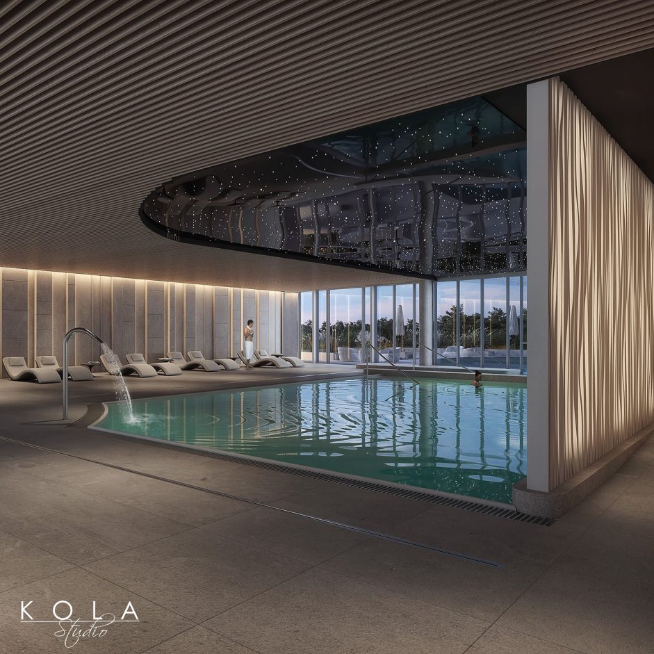 Wizualizacje wnętrz hotelowej strefy spa z basenem wewnętrznym