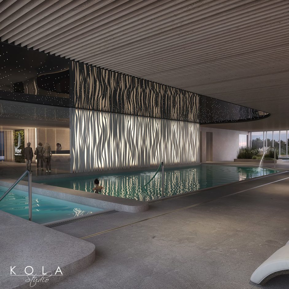 Wizualizacje wnętrz hotelowej strefy spa z basenami wewnętrznymi