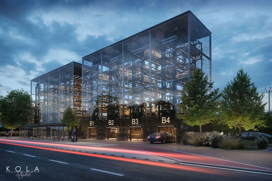 Wizualizacja architektoniczna projektu miejskiego wielopoziomowego parkingu samochodowego, zaprojektowanego w stylu nowoczesnym, o widocznej stalowej konstrukcji z wykorzystaniem szkła, zlokalizowanego w okolicy przystanku autobusowego