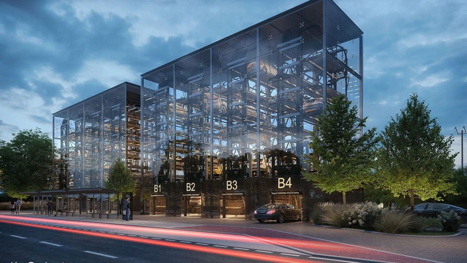 Wizualizacja architektoniczna projektu miejskiego wielopoziomowego parkingu samochodowego, zaprojektowanego w stylu nowoczesnym, o widocznej stalowej konstrukcji z wykorzystaniem szkła, zlokalizowanego w okolicy przystanku autobusowego